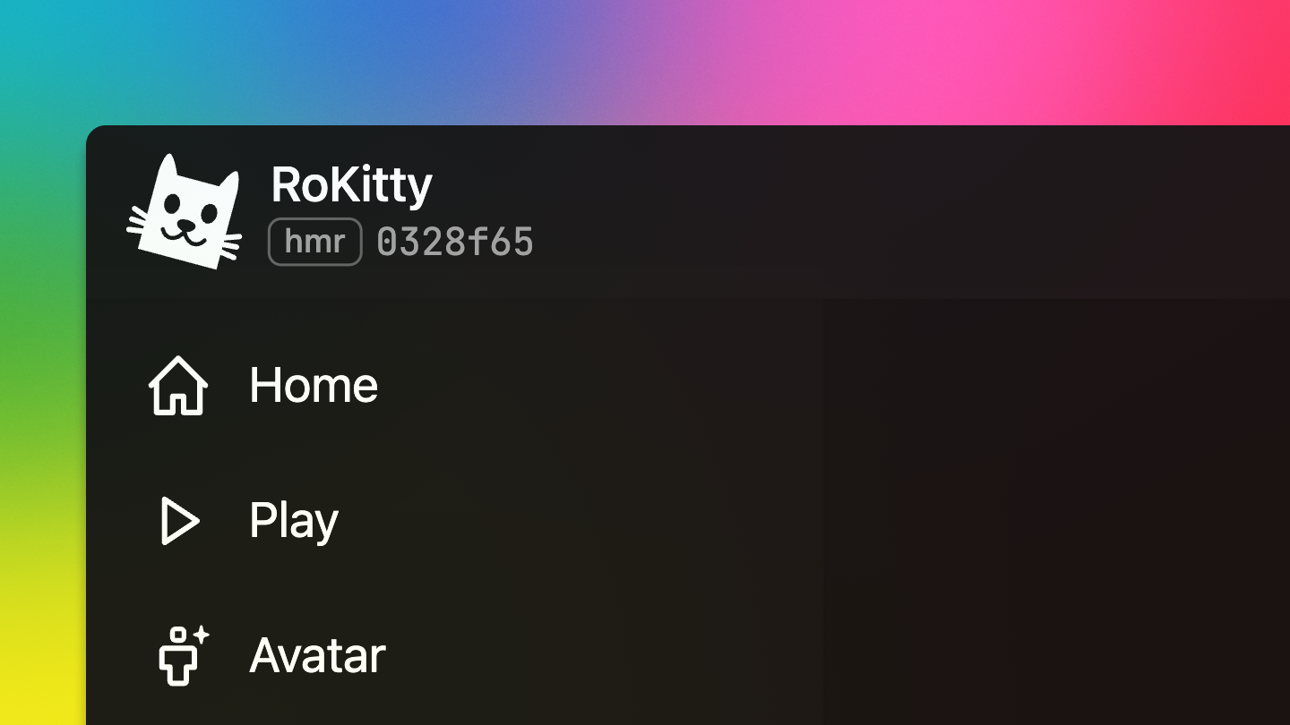A screenshot of the top left corner of the RoKitty application on a rainbow gradient background